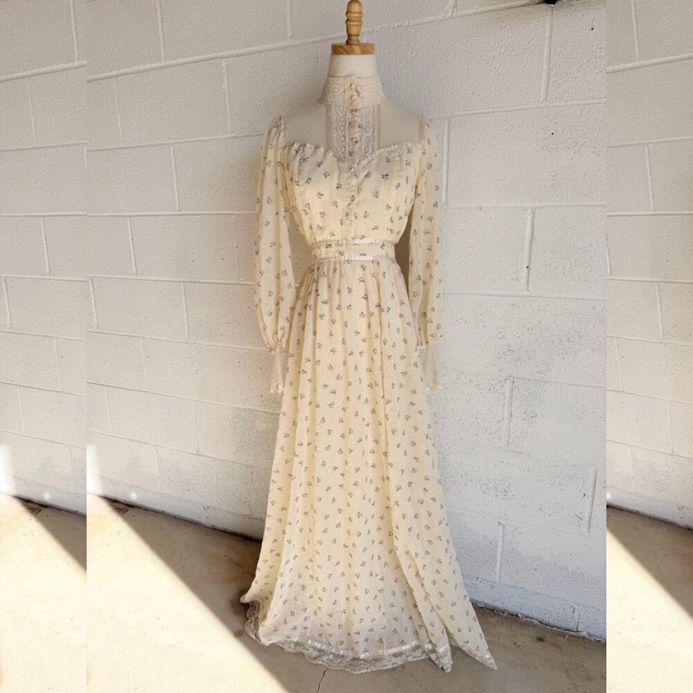 VTG 70's Gunne Sax Dress By Jessica Floral Lace Long Sleeve Maxi Prairie Boho